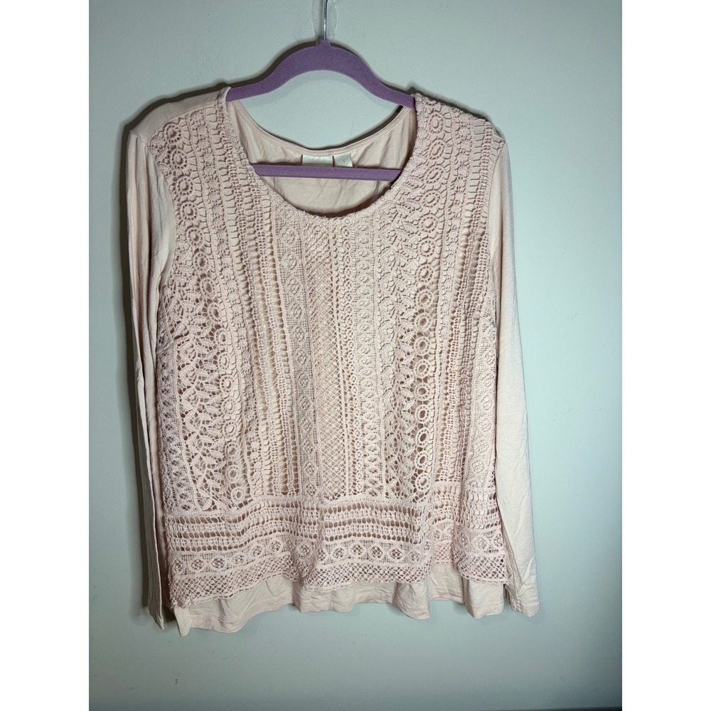 Chico's Pink Crochet Lace Front Long Sleeve Top‎ Size 3 XL Blush Boho Scoop Neck